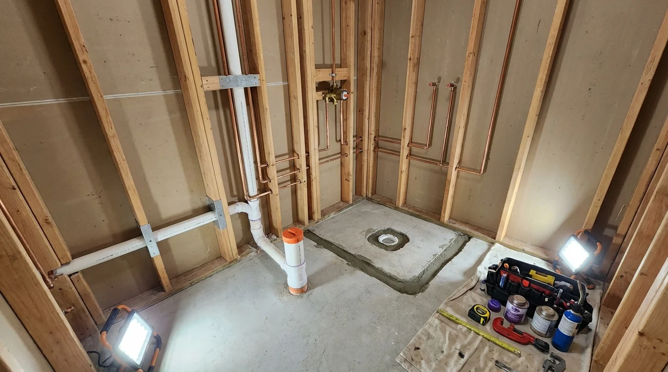 Bathroom rough-in plumbing during remodel by Johns Plumbing LLC in Lindley