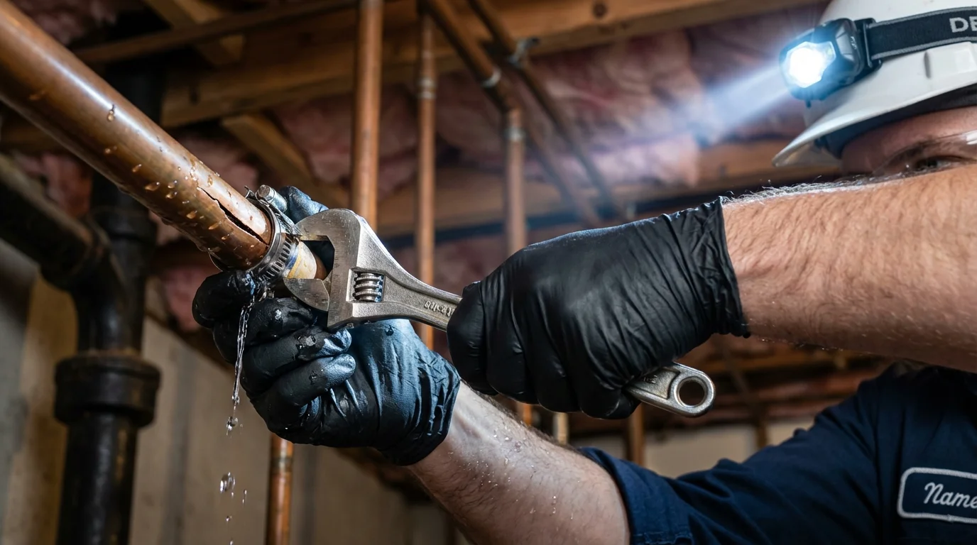 Emergency pipe clamp repair being performed by a Johns Plumbing LLC plumber in Lindley