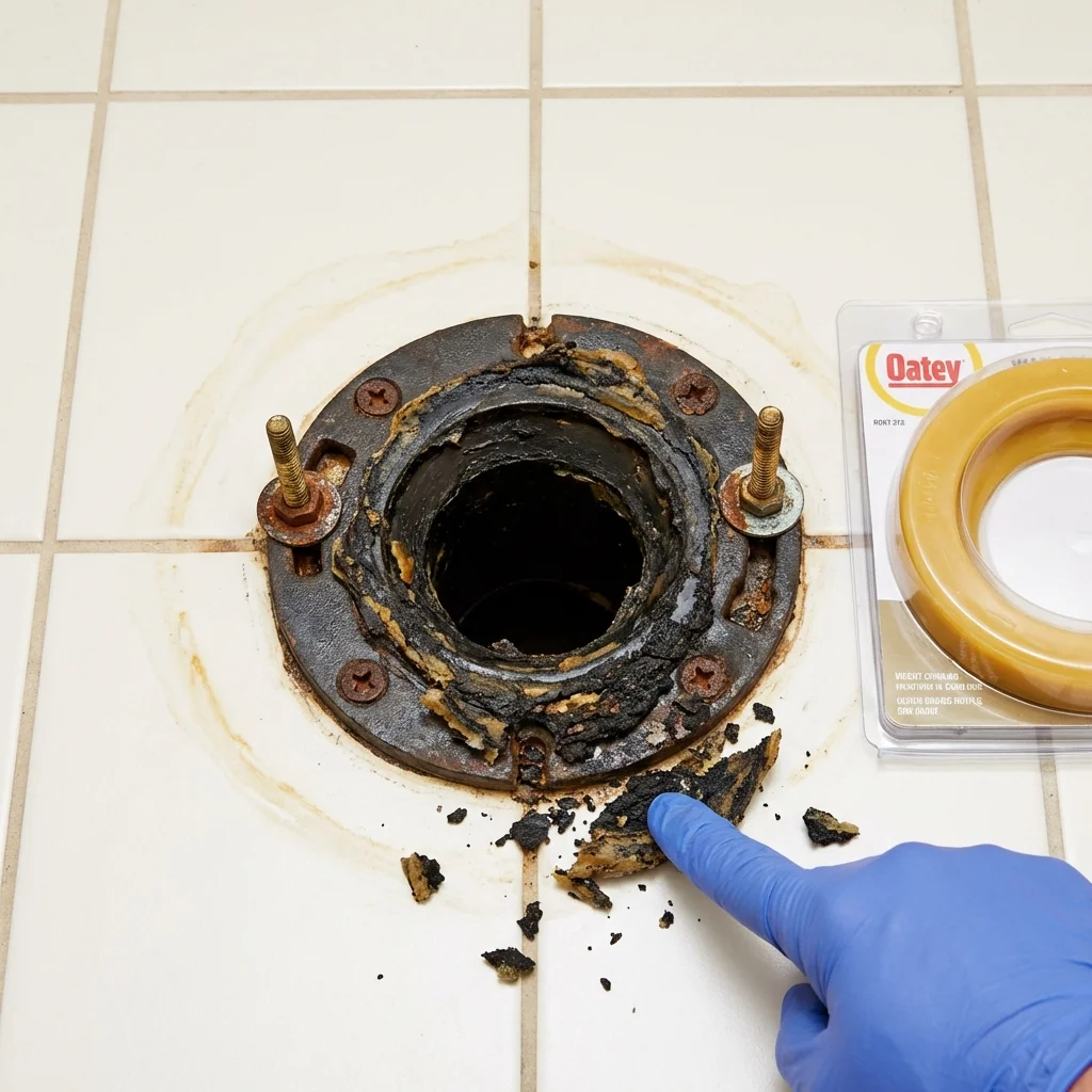 Failed wax ring showing water seepage at the base of a toilet in a Lindley, NY home