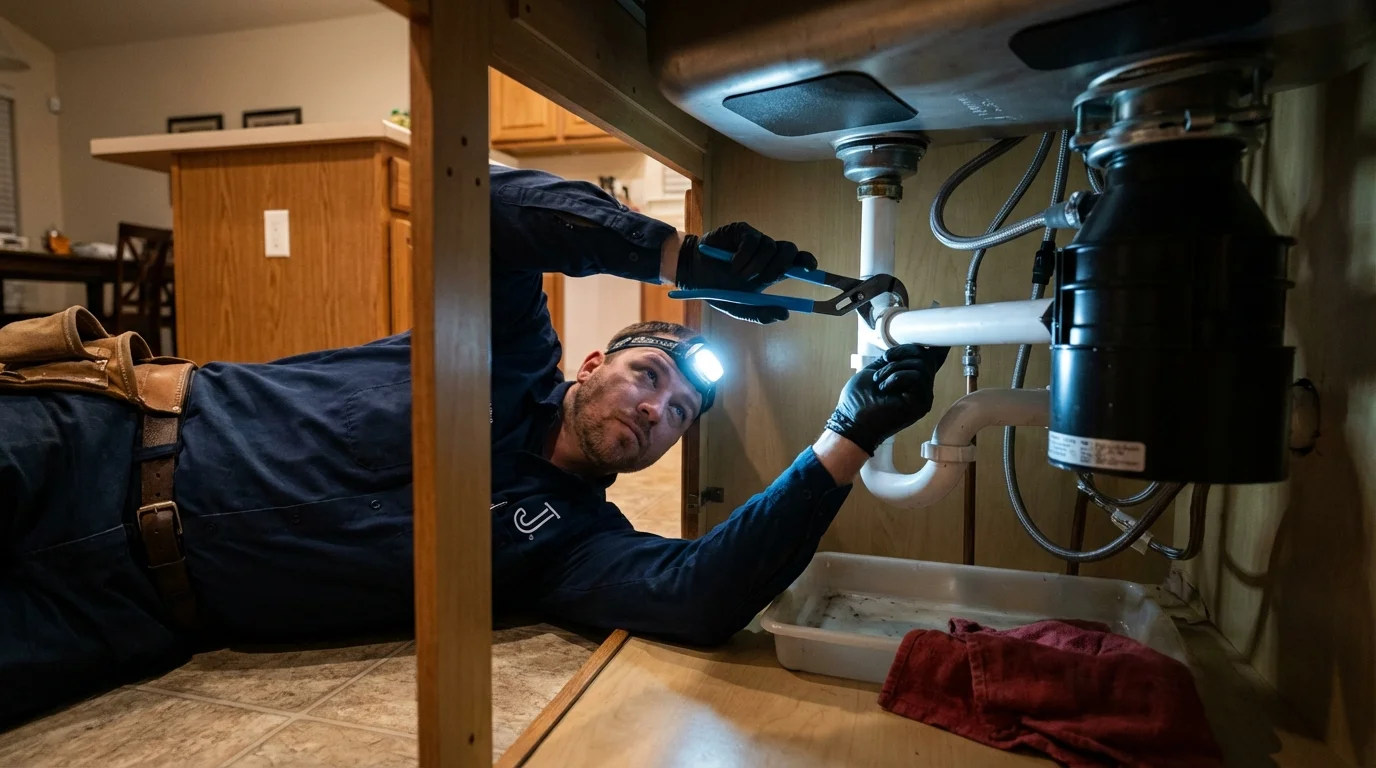P-trap and supply line connections under a kitchen sink showing a common leak point in Lindley, NY